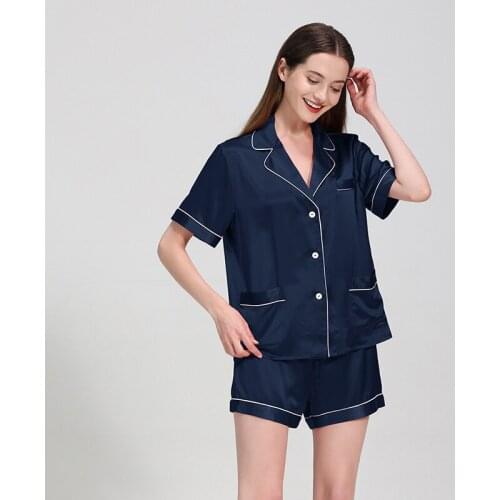 Fashion Leisure Solid Color Silk Women Pajama Shorts With Turn-Down Collar Pockets Cardigan Short-Sleeved Home Wear Nightwear