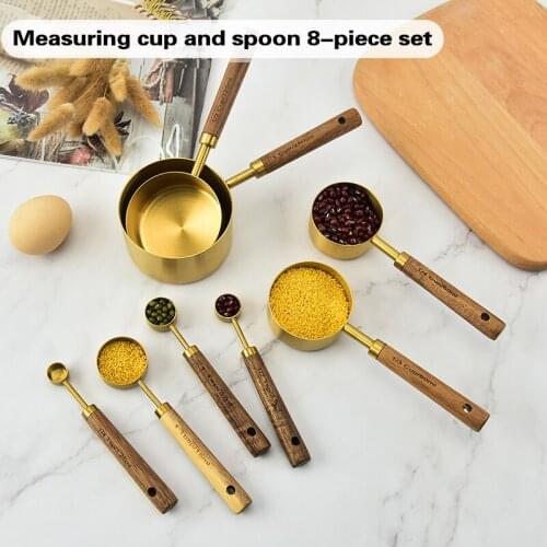 8 Piece Measuring Cups and Spoons Set Kitchen Supply Stainless Steel with Wood Handle for Dry and Liquid Ingredients