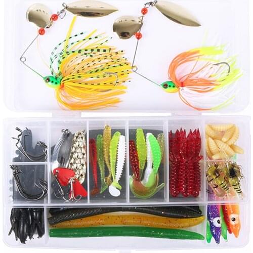 62pcs Fishing Tackle Set Kit Grub Worm Crawfish Shrimp Lure Spoon Spinner Wire Bait Fishing Hooks Earthworm Jig