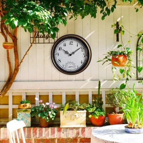NHBR Wall Clock and Thermometer Classic Outdoor Indoor Design with Large Suitable for Garden Kitchen Bathroom 12 Inch