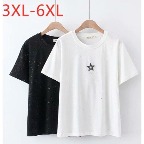New 2021 Ladies Summer Plus Size Tops For Women Large Short Sleeve Loose Cotton White Black Sequins T-Shirt 3XL 4XL 5XL 6XL