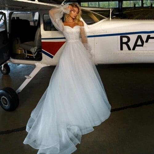 Simple Cheap Wedding Dresses with Puff Long Sleeve Bride Dress 2021 Pleated A Line Boho Wedding Gowns Beads Belt Casamento