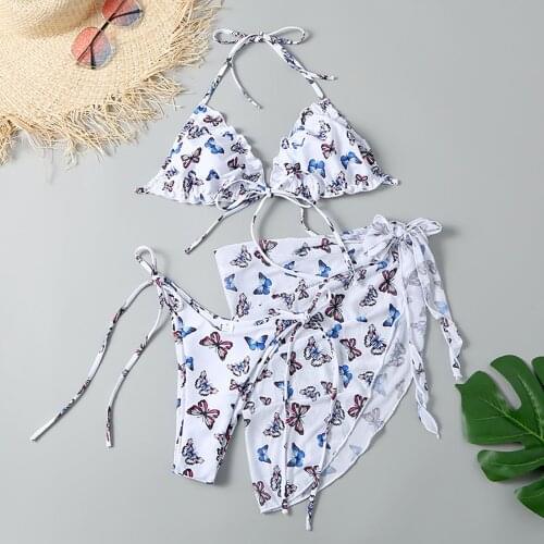 Sexy Butterfly Print Swimsuit 3pieces Bikini Set Triangle Micro Bikini String Halter Swimwear Women Low Waist Bathing Suit #G3