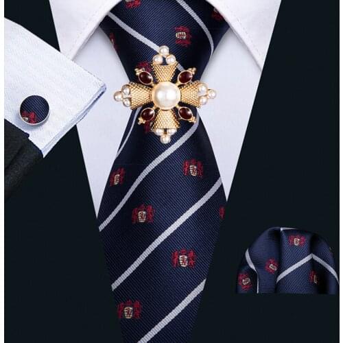 Blue Silk Men Stripe Tie Set Handkerchief Cufflinks Brooch Set Novelty Necktie Animals for Business Party Male Gift Barry.Wang