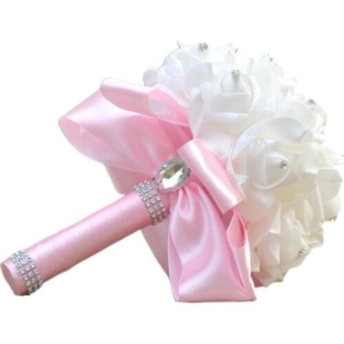 Korean Style Wedding Bridal Bouquet Artificial Flower PE Foam Roses With Faux Crystal Rhinestone Ribbons for Party Church