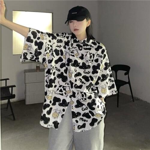 Lapel Collar Loose Lady Cartoon Shirts Summer Kawaii Unisex Cow Print Shirt Single Breasted Lovely Harajuku Korean Fashion Cloth