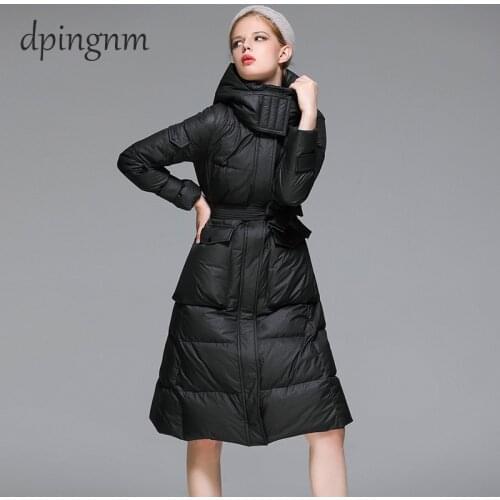 Stand-up collar waist thickened white jacket women autumn and winter light and thin long white duck down down jacket women 2020