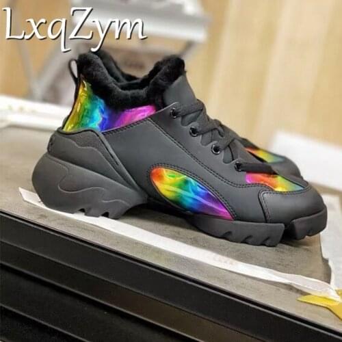 New Womens Lace Up Sneakers Luxury Design Real Leather Mixed Silk Flats Winter Wool Warm Fitness Fashion Female Casual Shoes