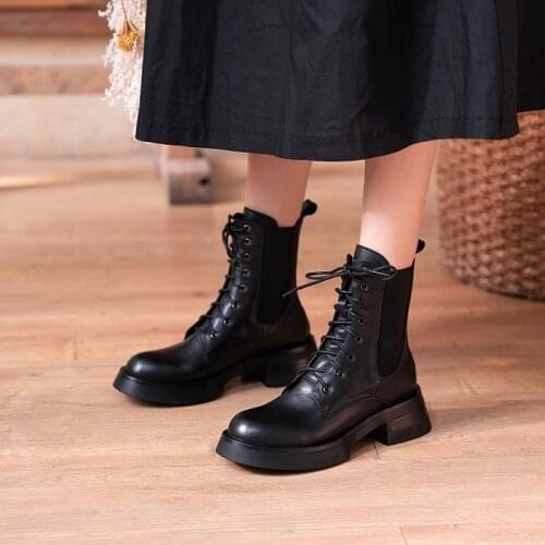 QZYERAI British Style Ankle Motorcycle Boots Women Real Leather Shoes Med Heel Boots Platform Round Toe Shoes Autumn Winter