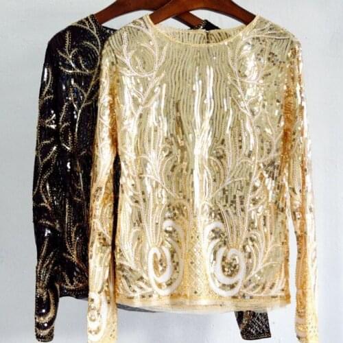 Women Fashion Sequined Lace Pullovers Blouse Autumn Long Sleeve Embroidery Beading Blouse Tops