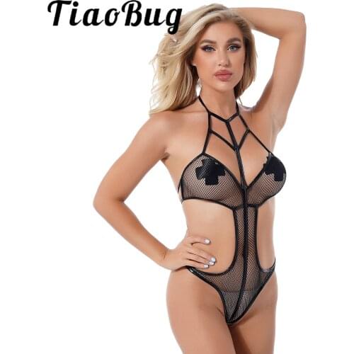 Womens Strappy Halter Lace-up Catsuit Fishnet Hollow Out Cutout Romper See-through Mesh Slim Fit Leotard Sexy Teddies Bodysuit