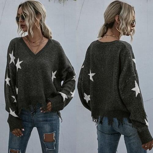 Woman Sweaters женские Cвитера Mujer Suéteres Sweater Women V-Neck Pullovers Streetwear Pull Autumn Five Star Print Dropshipping