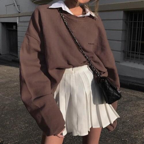 Women Fashion Loose Style Pullover Brown Letters Embroidery Pattern Long Sleeve Round Collar Hoodie for Fall S/ M/ L