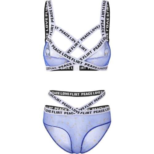 Women Stars Print See Through Sheer Mesh Sexy Erotic Hot Harness Lingerie Set Unlined Bra Crop Top with High Waist Underwear