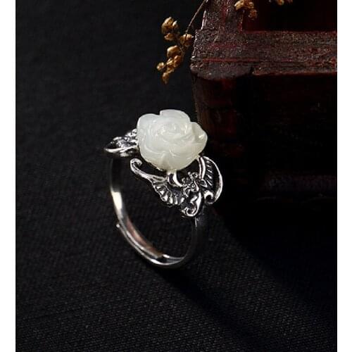 S925 Sterling Silver Vintage Inlaid Natural Hetian Jade White Jade Rose Flower Ladies Open Ring