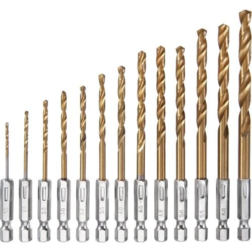 1.5-6.5mm HSS Woodworking Drill Bits Titanium Coated Twist Drilling Bits 1/4"Shank 13pcs For Steel Wood Plastic Hole Drilling