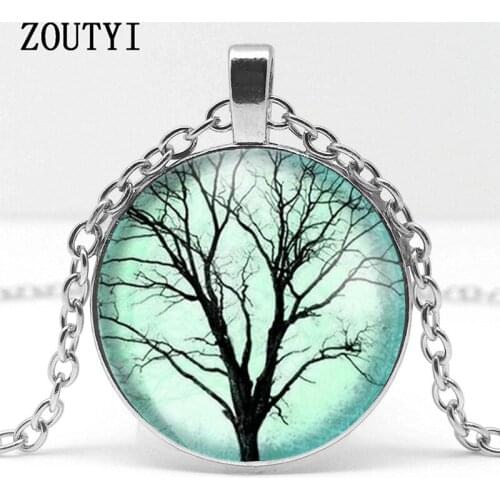 2018 / hot sale fashion life tree necklace glass convex picture pendant forest wood black glass necklace jewelry