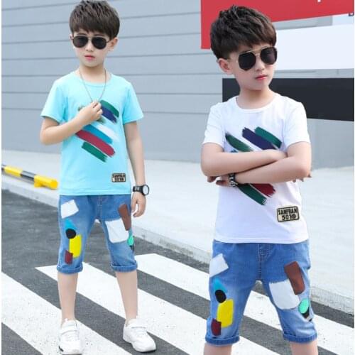 Kids Boys Girls Summer Children Outfits Cotton T Shirt Jeans Shorts Two-Piece Sets of Children Sport Denim Suit 6 8 10 12 14 Yrs