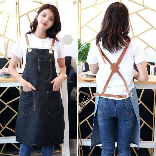 Jean apron Hair Stylist Straps Genuine leather work apron Denim Coffee shop