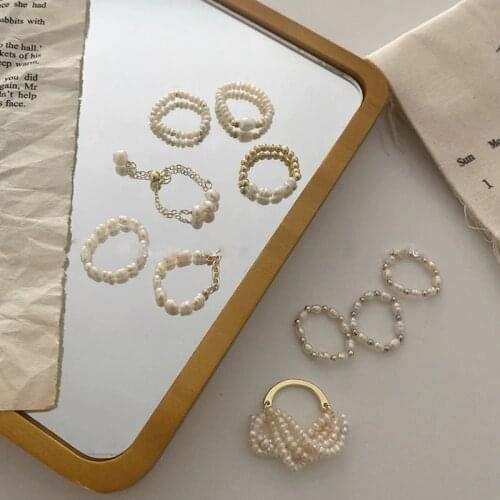 AOMU Vintage Natural Pearl Chain Beaded Rings for Elegant Women Creative Geometric Party Accessories 2020 Fashion Jewelry Gifts