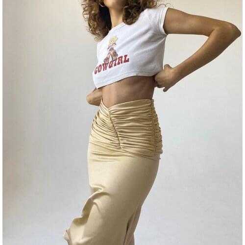 Summer High Waisted Satin Skirt Women Solid Waist Pleated Bodycon Knee Length Skirts Sexy Club Office Party Vintage Skirt