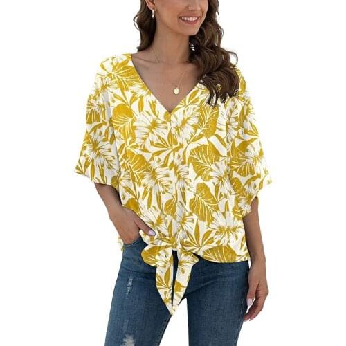 Summer 1/2 sleeve v neck bow knot flower print loose blouses,blusas tallas grandes mujer,yellow red black green blouses femme
