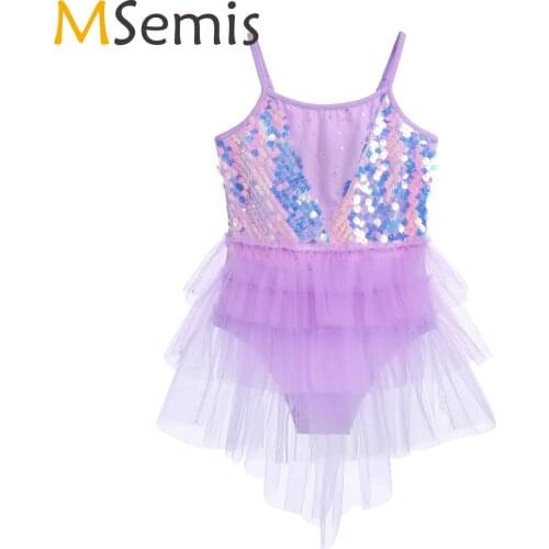 Cute Child Sleeveless Asymmetrical Sequins Ballet Tutu Dress Girls Gymnastics Leotard Ballerina Party Stage Kids Dance Wear