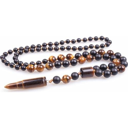 Natural 8MM and 6MM Stone Bead & Tiger Eye Bullet Pendant Tribal Necklace For Men