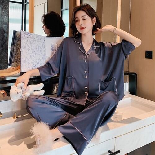 Daeyard Spring Summer Womens Faux Silk Pajama Set Simple Natural 2 Pcs Satin Homewear Button Up Pijama Trousers Loose Sleepwear