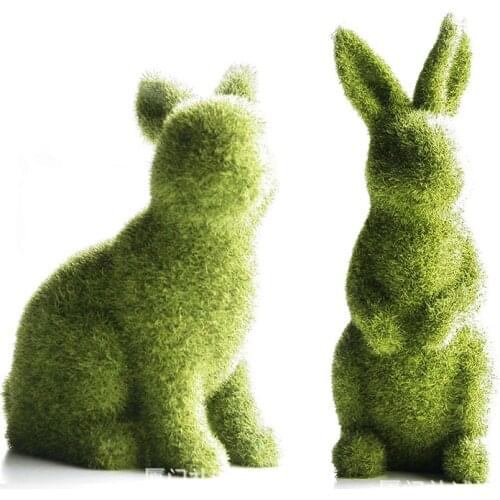 Stand/Sitting Imitation Moss Rabbit Resin Flocked Sculpture Easter Flocking Animal Statue Indoor Outdoor Home Garden Ornament