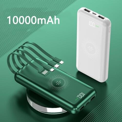 10000mAh Power Bank Qi Wireless Charger Powerbank Built in Cable Portable Charger for iPhone 12 Pro Xiaomi Samsung S21 Poverbank