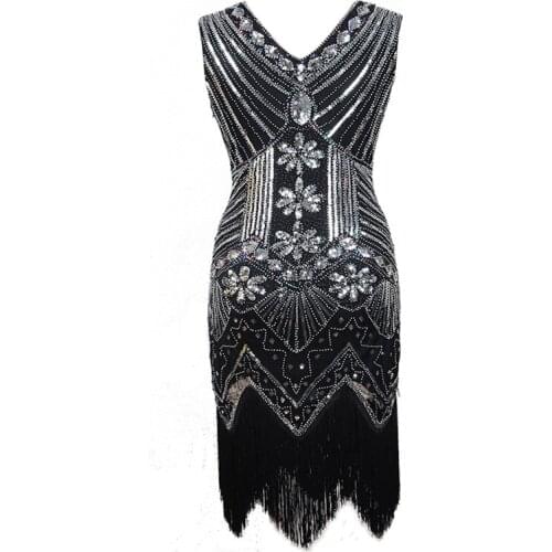 Ecoparty Vintage 1920s Flapper Great Gatsby Dress 2019 Summer Fancy Costumes V-Neck Cap Sleeve Sequin Fringe Party Midi Dresses
