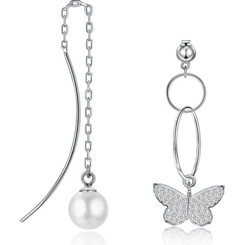 ZEMIOR 925 Sterling Silver Women Drop Earrings Asymmetric Butterfly With Shell Beads Female Earring Anniversary Fine Jewelry