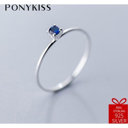 PONYKISS Trendy 100% 925 Sterling Silver Simple Blue Zircon Resizable Opening Geometric Ring Women Party Delicate Accessory Gift