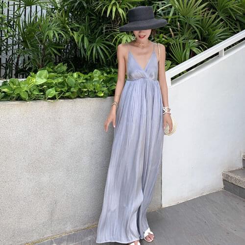 Summer Women Grey Sexy Backless Dress V-neck 2020 New Party Vacation Sleeveless Long Beach Dresses Korean Runway Female Vestidos