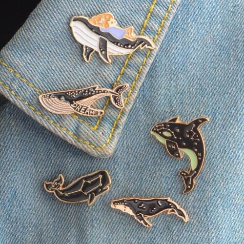 1Pc Fashion Enamel Lapel Badge Unisex Cartoon Whale Dolphin Print Brooch Pin