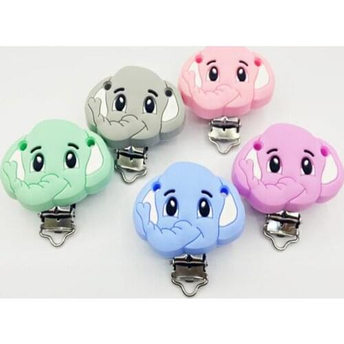 10Pcs/Lot Pacifier Clip Cartoon Elephant Edible Silicone Stainless Steel Clip Bead Clip Accessories For DIY Pacifier Chain Tool
