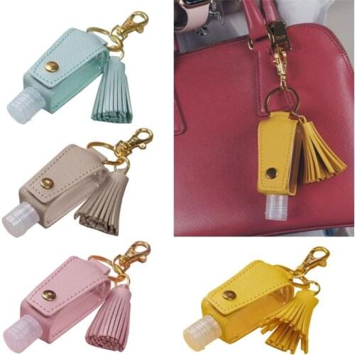 30ml Portable Empty Leakproof Plastic Travel Bottle for Hand Sanitizer with Tassels Leather Keychain Holder Carriers