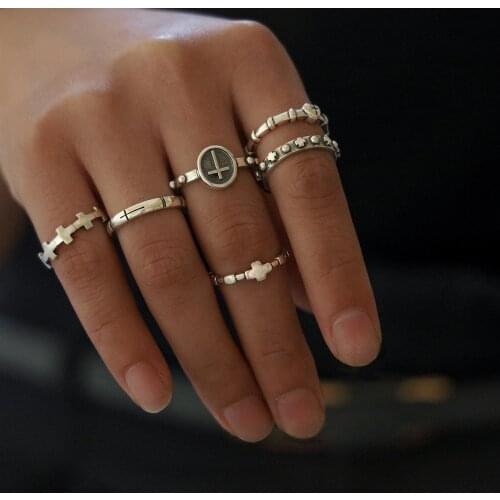 6 Pcs/set Bohemian Retro Geometry Cross Peach Heart Crown Silver Color Ring Set Lady Charm Open Ring Joint Ring Female Jewelry