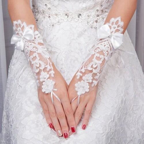 HONGFUYU White Lace Bowknot Hollow Out Bridal Fingerless Gloves Long Wedding Gloves Wedding Apparel Accessories One Size 1057