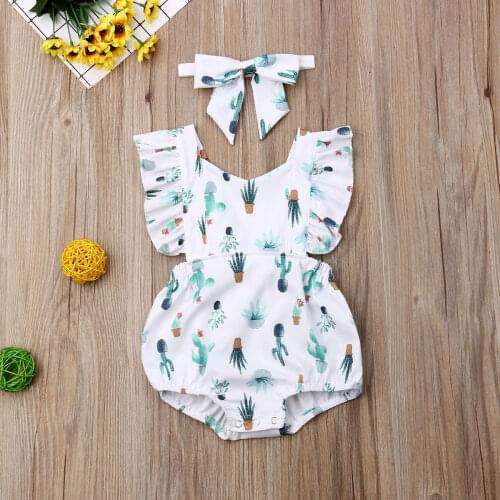 0-24M Newborn Baby Girls Cotton Romper Off Shoulder Print Cactus Jumpsuit Headband 2 Pieces Outfits Sunsuit