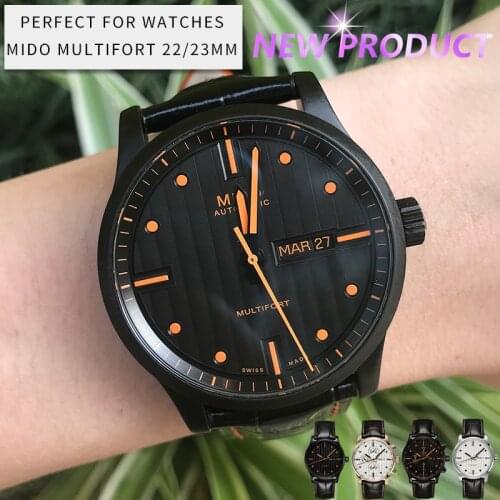 22mm 23mm Italian Cowhide Watch Strap Black Brown Butterfly Buckle Leather Watchband Suitable for Mido Multifort Series Watch