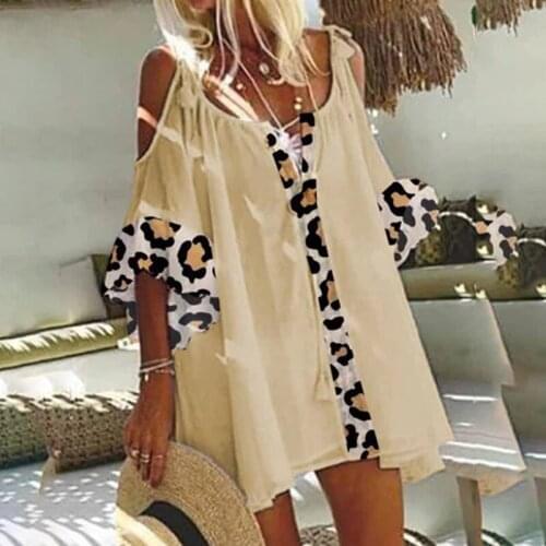 Summer Womens Light Elegant Leopard Print Dress Sexy Hollow Out Patchwork Lace Up A-Line Dress Women Casual Loose Beach Vestido