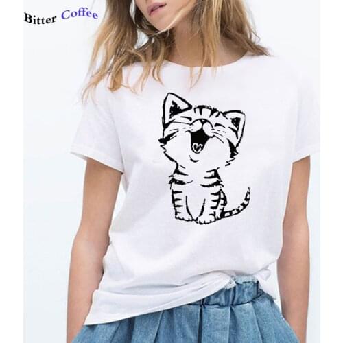 Summer New Fashion Womens Casual O-Neck T Shirt with Funny Cat Print and Short Sleeve Woman Tops & Tees