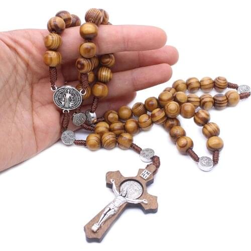 Fashion Handmade Round Bead Catholic Rosary Cross Religious Wood Beads Men Necklace Charm Gift 85AC