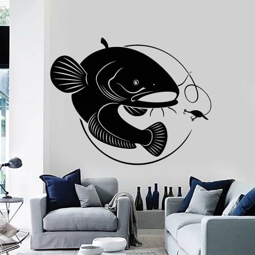 Catfish Wall Decal Catch Big Fish Rod Fishing Hobby Bedroom Kitchen Home Decor Door Window Vinyl Stickers Art Wallpaper Q485