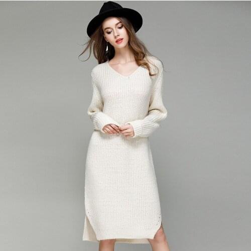 Fall 2020 new product solid color loose large size knitted dress long v-neck base sweater sweater