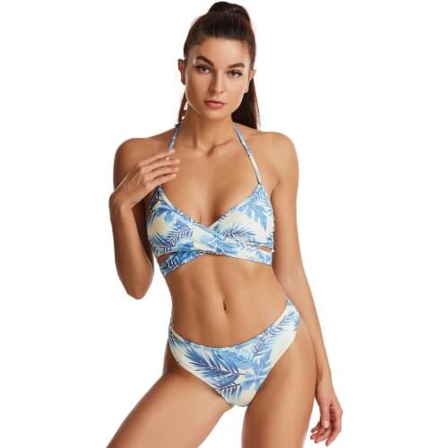 New Arrival 2021 Swimsuit Leaf Print Rotating Neck Split Bikini 2 Peice Set Women