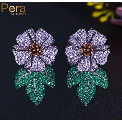 Pera Vivid Long Big Dangle Flower Leaf Shape Purple Green CZ Zircon Black Gold Drop Earrings for Women Statement Jewelry E735