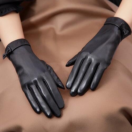 Real Leather Gloves Female Winter Thermal Plushed Lined Thicken Driving Sheepskin Butterfly Knots Leather Gloves Women L207